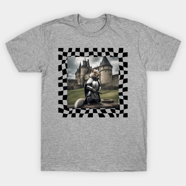 Warrior Squirrel on Checked Background T-Shirt by missdebi27